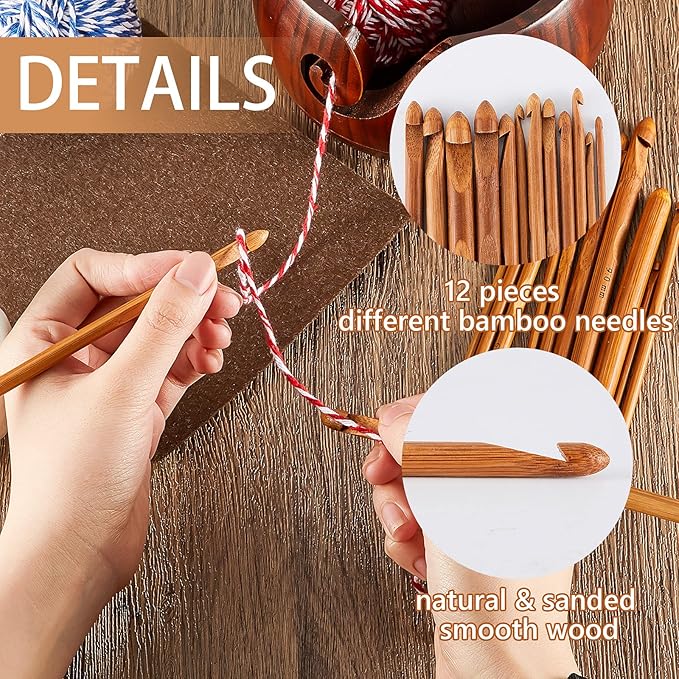 Patelai 6 x 6 x 3 Inch Wooden Yarn Bowls for Crocheting Round Knitting Wool Storage Yarn Bowl Handmade with Holes 12 Pieces Crochet Hooks for Knitting DIY Crafts Tools(Natural Color)