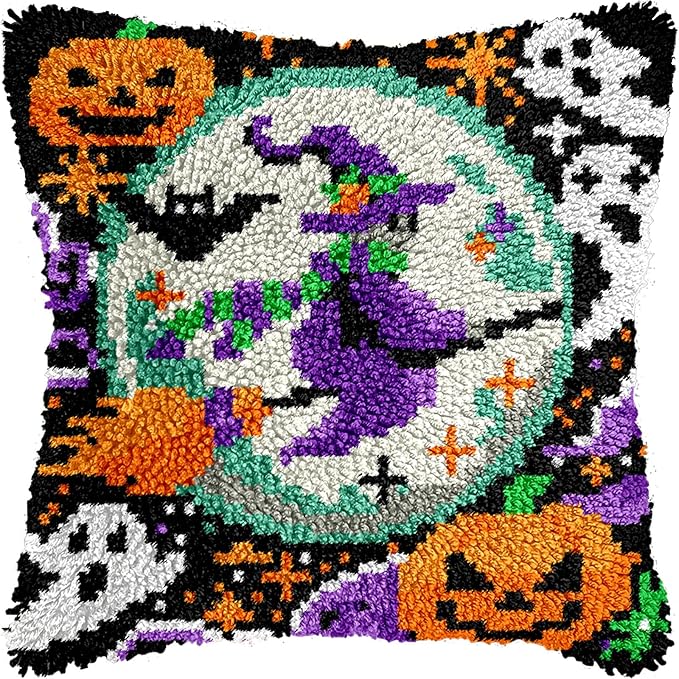 Halloween Flying Witch Latch Hook Kits for Adults Kids, Beginners DIY Latch Hook Pillow Kit Pre-Printed Hook and Latch Rug Kits Cross-stitch Embroidery Cushion Cover for Home Sofa Decoration 17x17 in