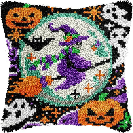 Halloween Flying Witch Latch Hook Kits for Adults Kids, Beginners DIY Latch Hook Pillow Kit Pre-Printed Hook and Latch Rug Kits Cross-stitch Embroidery Cushion Cover for Home Sofa Decoration 17x17 in