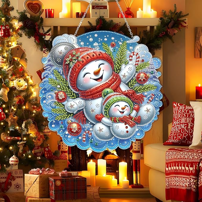 JJFox DIY Acrylic Diamond Art Painting Wreath Kits Special Shaped Rhinestone Diamond Art Window Pendants Home Garden Wall Hanging Kits Hanging Ornament (Christmas Snowman)