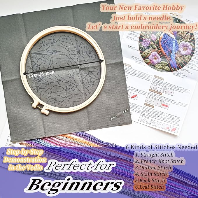 fonnuy embroidery kit for beginners, birds with flowers pre-stamped pattern kits for adults with hoop, easy to follow color thread needlework, 8'' hoop (purple 1)