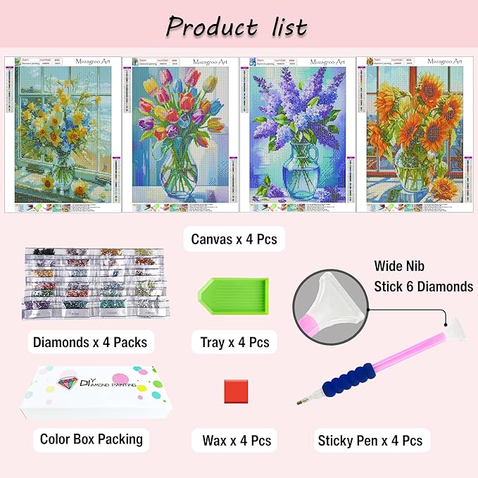 Muzagroo Art Flowers Diamond Paintings Kits for Adults Sunflower Diamond Art Kits for Beginners Hand Crafts Full Drill 5D Diamond Dots Kits DIY Gem Art 12X16 inches 4PCS (Sunflowers)