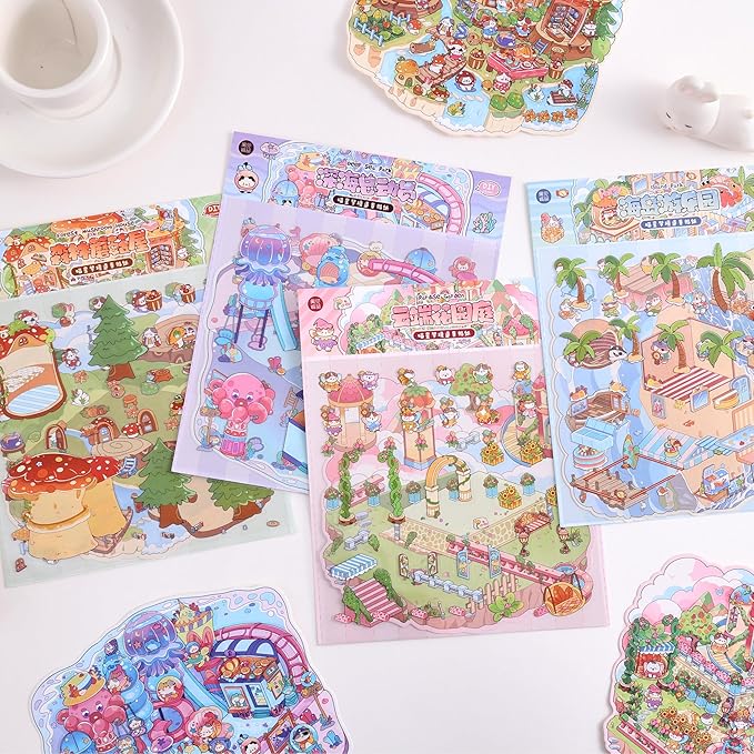 4 Sets DIY 3D House Scene Stickers, Forest Mushroom House, Deep Sea Park，Pardise Garden，Island Park Make Your Own Cute Fun Stacking Miniature Cartoon for Adult Kids Relief Stress Pass The Time
