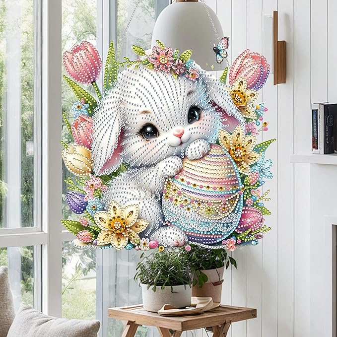 JJFox Diamond Art Hanging Kit for Adult,Special Shaped Rhinestone,DIY Acrylic Diamond Art Painting Window Pendants Home Garden Wall Hanging Kits Hanging Ornament,Double Sided (Easter Bunny)