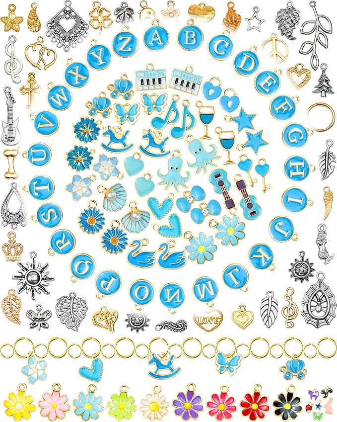 FIVEIZERO 216PCS Bracelet Charms for Jewelry Making – Assorted Gold & Silver Metal Enamel Pendants with Jump Rings for Necklaces, Earrings, & DIY Jewelry Crafts(Blue)
