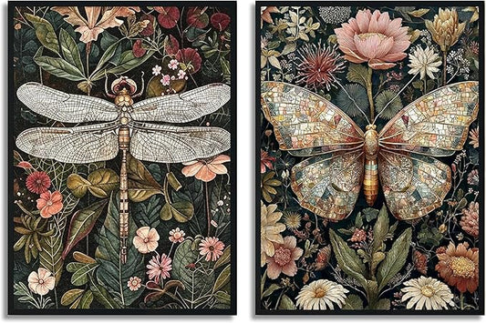 2 Pack Paint by Number Kit 16x20inch Dragonfly Butterfly Insect Art, DIY Painting Set with Floral Background, Intricate Nature Inspired Craft for Home Decor Gift