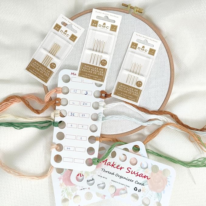 DMC Size 22-24-26 (3 Pack) Gold Cross Stitch Needles Kit, Large Eye Round End Embroidery and Tapestry Hand Needles with Maker Susan Embroidery Thread Holder Organizer Card (12 Needles, 1 Org Card)