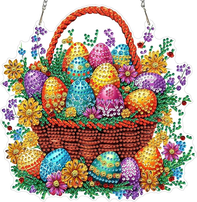 RICUVED Easter Diamond Art Hanging Kit for Adult, Special Shaped Diamond Painting Pendant Board Kit, Eggs Art Suncatchers Double Sided Hanging Acrylic Window Ornament for Home Garden Decor