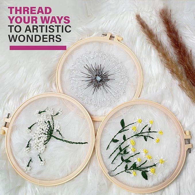 Clear Background Embroidery Kit for Beginners – DIY Hand Embroidery Kit with 3 Hoops, Stamped Patterns, Needles, Thread, Scissors – Minimalist Embroidery Set for Adults, Teens, Women, Craft Lovers