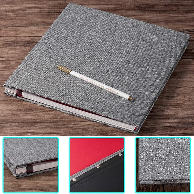 Large Photo Album Self Adhesive 4x6 8x10 10x12 13"x12.8" Magnetic Scrapbook 12.6"x11" Inch 40 Pages Linen Cover DIY Photo Album with A Metallic Pen and Plastic Board(Gray)