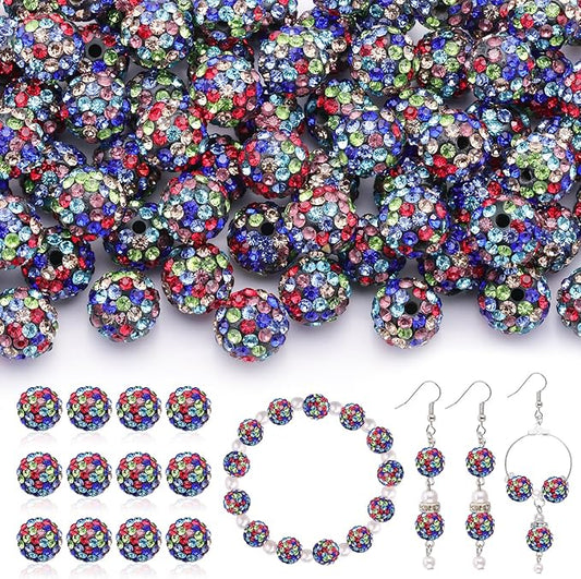 120pcs 10mm rhinestone beads for jewelry making, black mixed shiny round shamballa disco ball beads, sparkle crystal clay christmas for bracelet baseball necklace earring crafting and diy