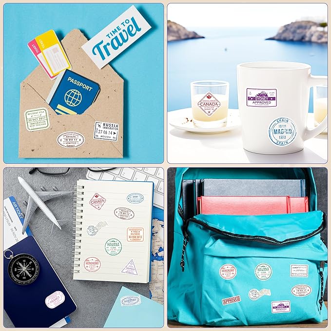 h1vojoxo passport stamps sticker rolls - 1000pcs decorative mini vintage travel country stickers for luggage 16 countries retro travel passport stamps stickers for adults laptops suitcases scrapbook