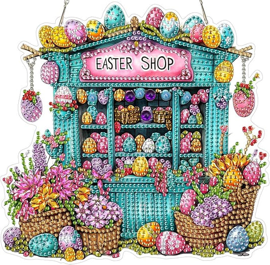 NEWENMO Diamond Art Kit for Adult, Easter Shop, Diamond Art Painting Double Sided Window Pendants for Home Garden Wall Hanging, DIY Special Shaped Gem Hanging Ornaments, Easter Basket Egg