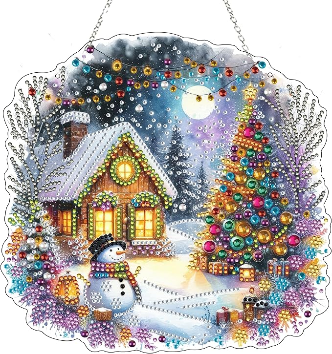 JJFox DIY Acrylic Diamond Art Painting Wreath Kits Special Shaped Rhinestone Diamond Art Window Pendants Home Garden Wall Hanging Kits Hanging Ornament (Christmas)