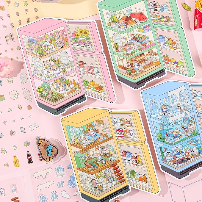 4 Sets DIY 3D House Scene Stickers, Fridge-Themed, Scene Miniature Stickers, Cute Cartoon Scenes for Women Girls Teen Kids, Make Your Own Sticker, Fun Room Sticker Book Relief Stress Pass The Time