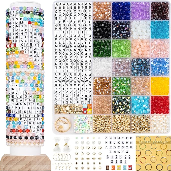 Deinduser Crystal Friendship Bracelet Making Kit - 1200pcs Bicone Gem Beads for Jewelry Making, 24 Colors with Letter & Spacer Beads