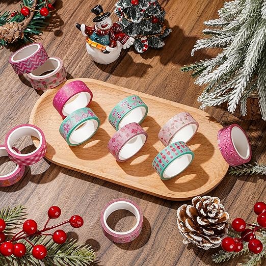 Whaline 12 Rolls Christmas Washi Tape Masking Tape Set Pink Candy Cane Gingerbread Man Decorative Wrapping Paper Tapes for Xmas Scrapbook Journal DIY Art Crafts
