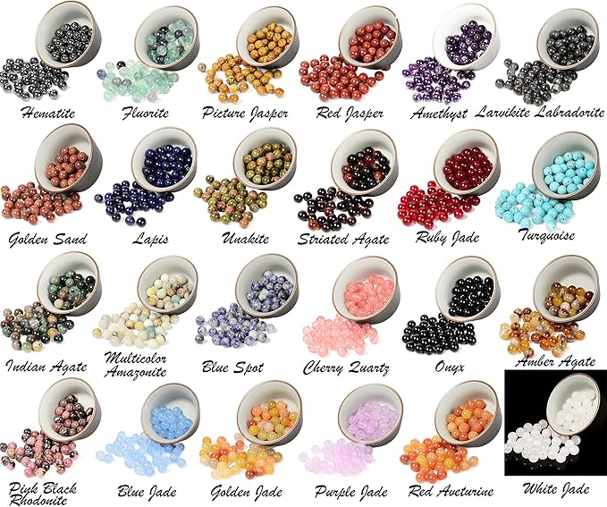 6mm natural mixed materials gemstones beads tiny spacer round loose beads jewelry making kit with thread 960 pcs(24 natural, 6mm)