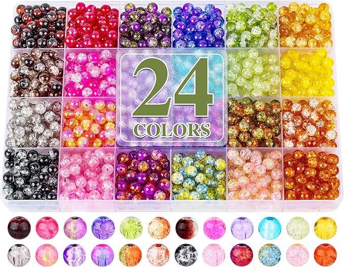 XSEINO About 1200+ PCS 6mm Cracked Style Glass Beads Bracelet Making Kit, 24 Assorted Colorful Crack Series Crystal Beads for Jewelry Making and DIY Crafts, Friendship Bracelets
