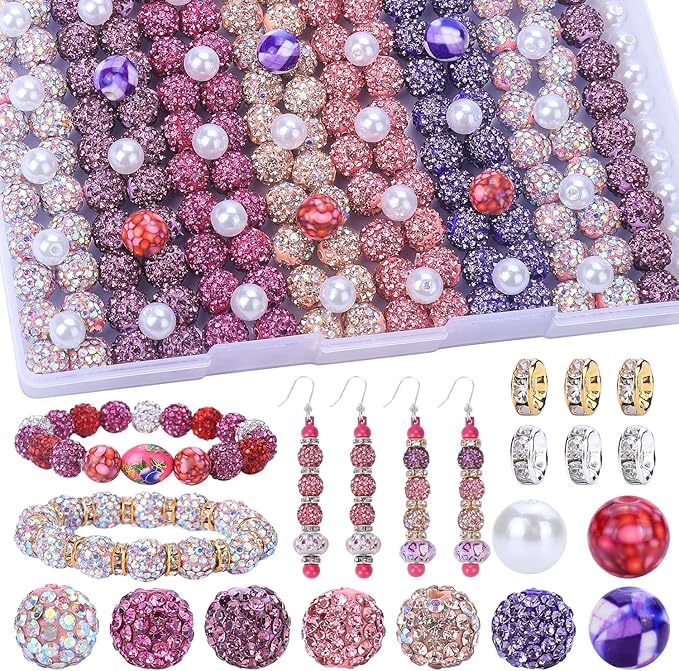 AIPRIDY Jewelry Making Beads Set, 300 PCS 10mm Rhinestone Clay Beads, 8mm Mixed Color Spacer Beads with Pearl and Floral Beads for DIY Jewelry Making (Pink + Purple + Rose + Champagne)