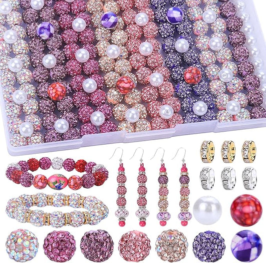 AIPRIDY Jewelry Making Beads Set, 300 PCS 10mm Rhinestone Clay Beads, 8mm Mixed Color Spacer Beads with Pearl and Floral Beads for DIY Jewelry Making (Pink + Purple + Rose + Champagne)