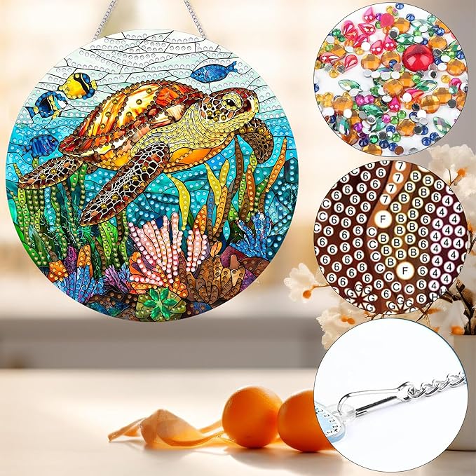 Bimkole Sea Turtle Diamond Art Hanging Kit for Adult, DIY 5D Diamond Art Animal Window Pendant, Acrylic Crystal Art Hanging Ornament Home Wall Garden Front Door Sign Outdoor Decor 7.8x7.8 Inch