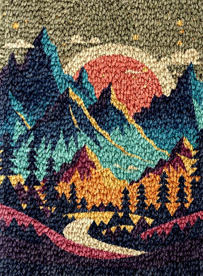 Landscape of Sunset Mountain Tree Latch Hook Rug Kit for Adults DIY Carpet Cushion with Printed Canvas Crochet Yarn Craft Hook and Latch Tapestry for Home Decor Pets Warm Pads 60x40cm(2)
