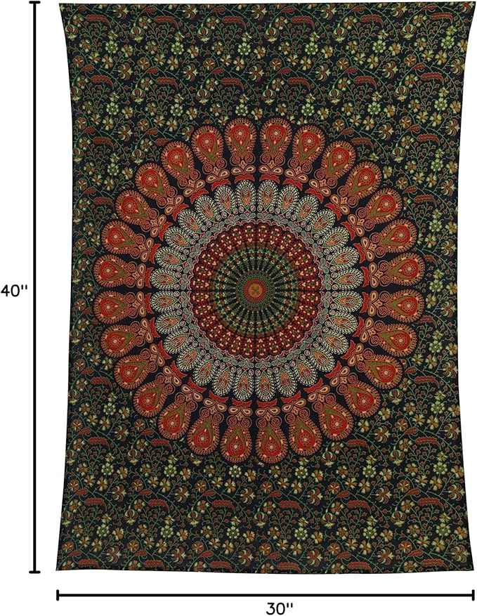 bless international handmade indian hippie bohemian psychedelic peacock mandala wall hanging college dorm beach throws table cloth bedding tapestry (golden green, poster(30x40inches)(76x101cms))