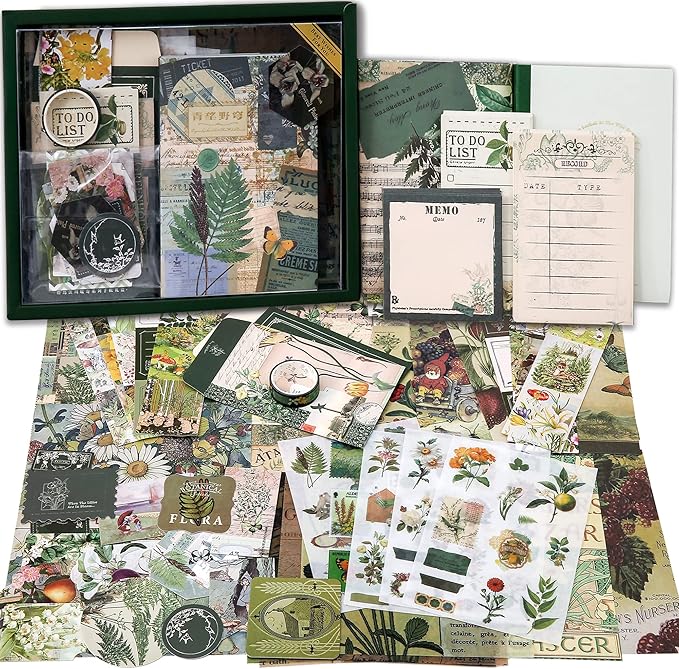 Scrapbooking Supplies Kit, Vintage Botanical Aesthetic Scrapbook Kit for Bullet Junk Journal, Stationery, A6 Grid Notebook, Flower DIY Journaling Supplies, Birthday Craft Gift for Teen Girl Women