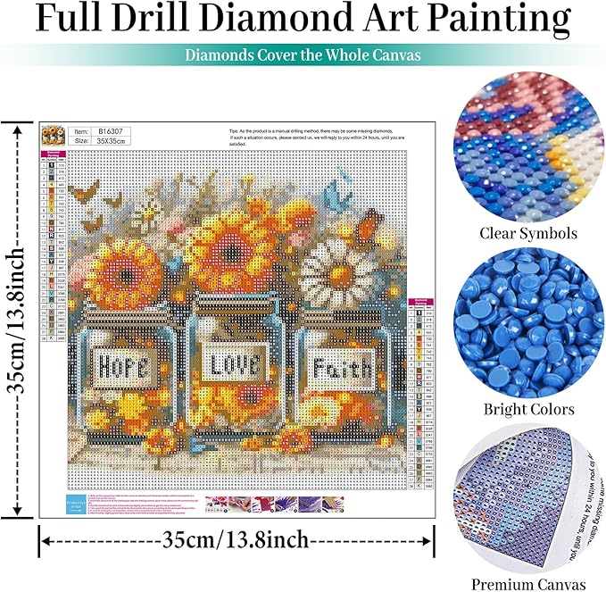 Faith,Hope,Love Diamond Art Kits for Adults, Inspirational Diamond Painting Kits for Adults Beginners, DIY 5D Diamond Painting with Round Gem Art Kits for Gift Home Wall Decor 14x14 Inch