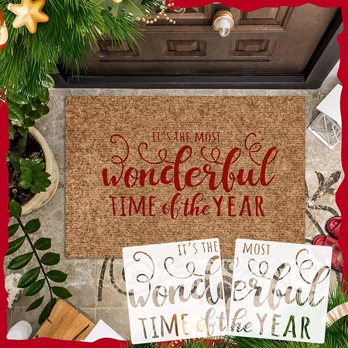 14 Pcs Christmas Stencils for Doormat Painting Welcome Merry Christmas Stencils Kit for DIY Craft Winter Xmas Decoration Reusable Polyester Film Template with Open Ring