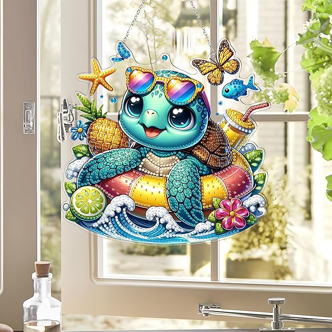 DIY Hanging Diamond Art Kit for Adult – 5D Gem Art Window & Wall Pendant, Acrylic Diamond Painting Ornament for Home & Garden Decoration (Summer sea Turtle)