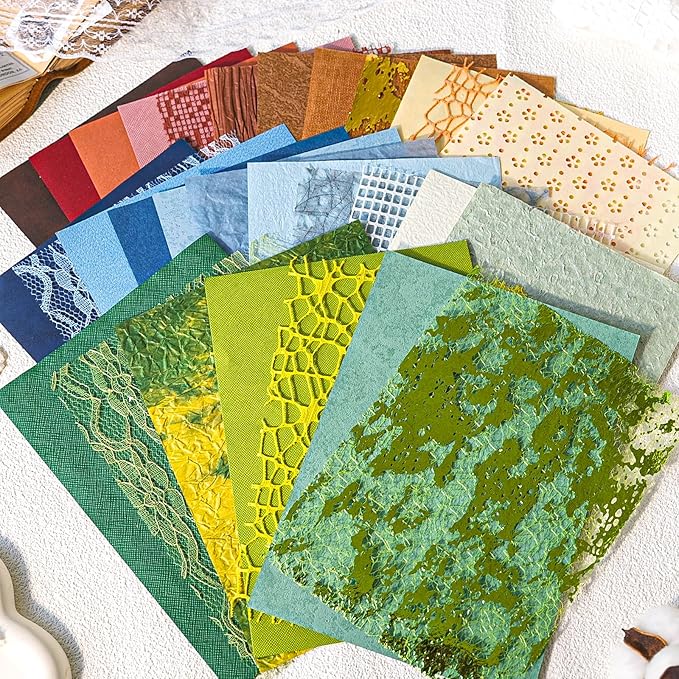 30 sheets Christmas Handmade Textured Scrapbook Paper&Mesh Fabric set - Unique Craft Mulberry Special Rice Paper Mix for Scrapbooking Junk Journaling Supplies Card Making Collage,A5 5.8x8.2 Inch