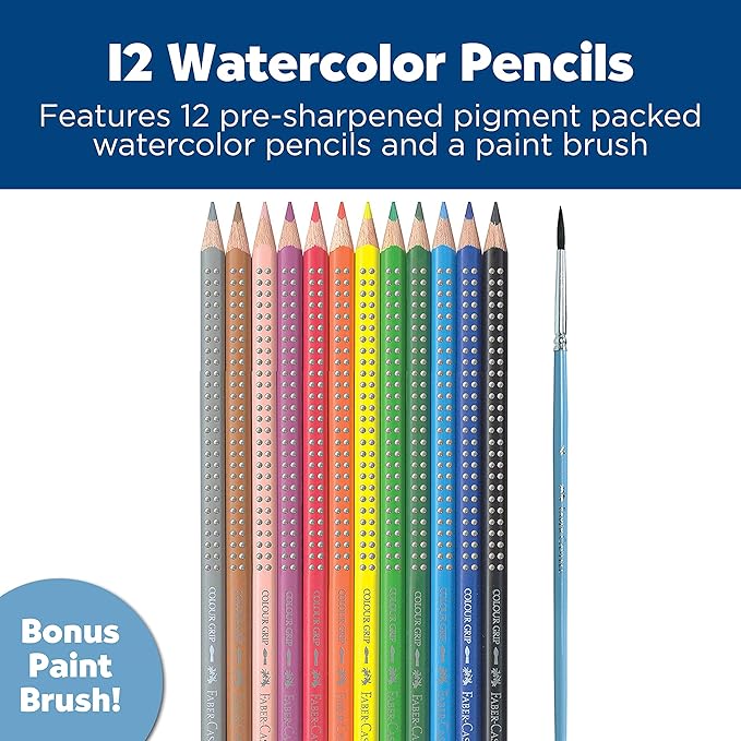Faber-Castell Grip Watercolor EcoPencils: 12 Watercolor Pencils with Brush, Color Pencil Set, Art Supplies for Kids