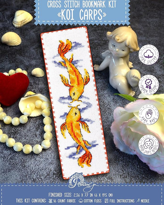 Povitrulya Koi Carp - Counted Cross Stitch Bookmark Kit - Embroidery Set for Adults with Paper Pattern, 16-Count Aida Canvas and Presorted Floss - DIY Christmas, New Year's Gift