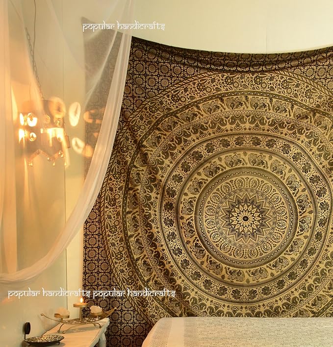 popular handicrafts wall hanging for bedroom hippie mandala bohemian floral design indian magical thinking tapestries dorm decor (215x230cms) gold on black dye