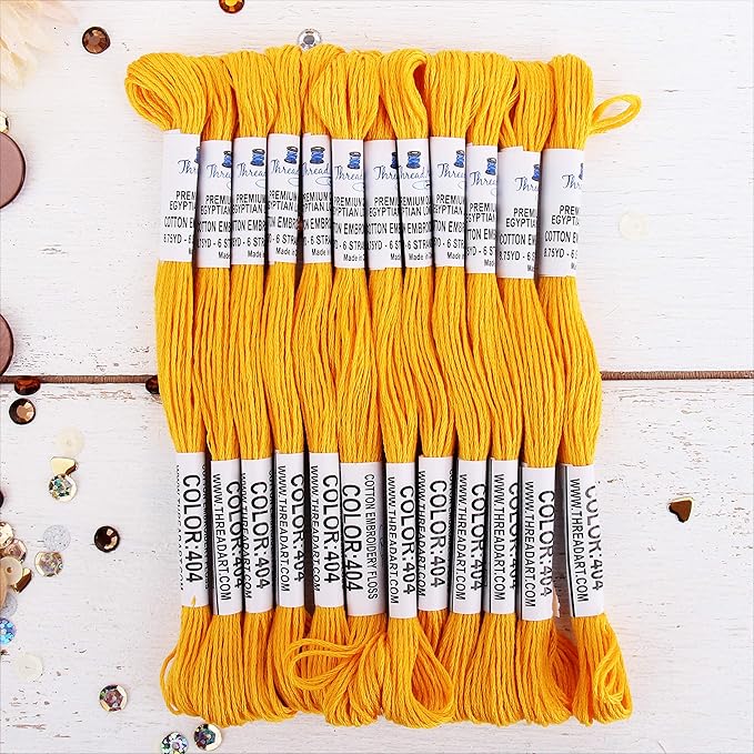 12 Skeins ThreadArt Premium Egyptian Long Fiber Cotton Embroidery Floss | Gold | 6 Strand Divisible Thread 8.75yds Each for Hand Embroidery, Friendship Bracelets, Cross Stitch and Crafts