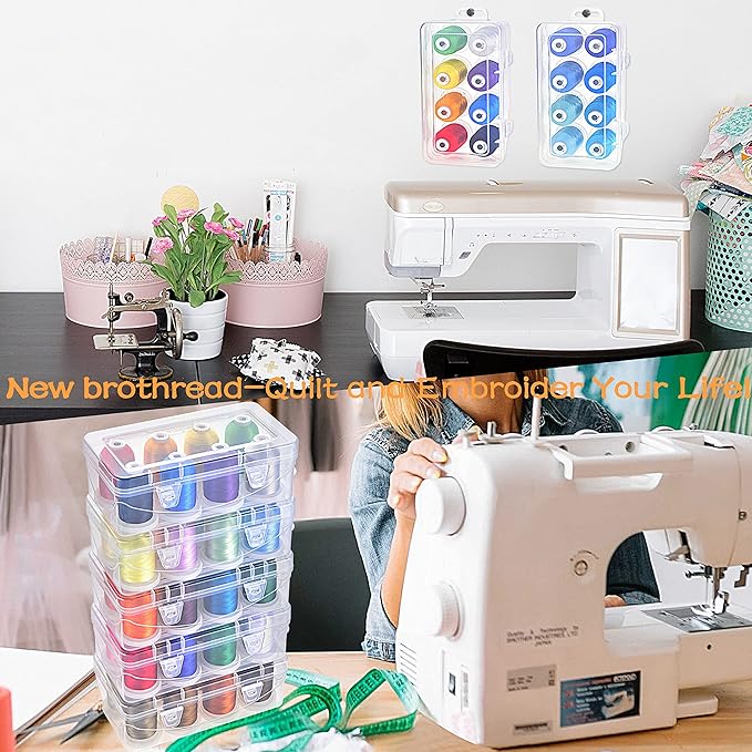 New brothread - 18 Options - Multi-Purpose 100% Mercerized Cotton Thread 50S/3 600M Each Spool for Quilting, Serger, Sewing and Embroidery - 8xBlack with Clear Plastic Storage Box