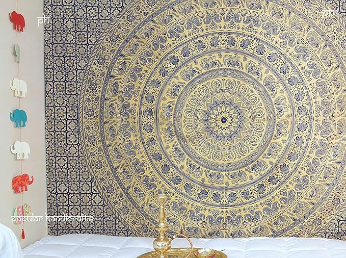 popular handicrafts new releases kp774 elephant tapestry wall hanging hippie bohemian mandala wall art with metallic shine tapestries (215x230cms) gold on blue dye