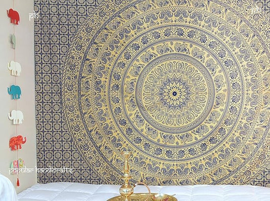 popular handicrafts new releases kp774 elephant tapestry wall hanging hippie bohemian mandala wall art with metallic shine tapestries (215x230cms) gold on blue dye