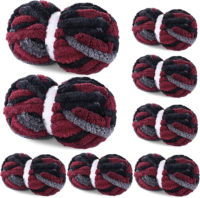 Maboozoo Tie Dye Chunky Yarn for Crocheting & Knitting - 8 Pack, Wine Red & Grey Fluffy Jumbo Chenille Yarn (26 yds, 7.5 oz Each Skein)