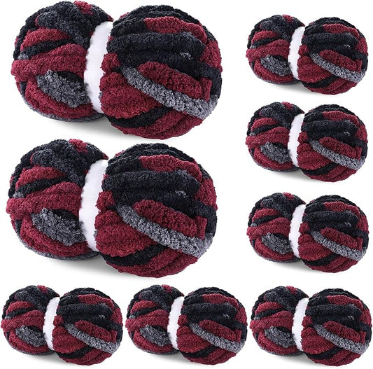 Maboozoo Tie Dye Chunky Yarn for Crocheting & Knitting - 8 Pack, Wine Red & Grey Fluffy Jumbo Chenille Yarn (26 yds, 7.5 oz Each Skein)