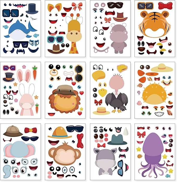 24 sheets 8.27''×5.9'' make your own animals stickers for kids toddlers, make a face stickers for kids party favors activities