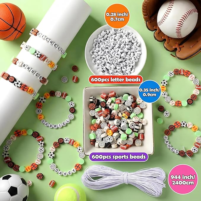 Highergo 1200 Pcs Sports Ball Beads for Jewelry Making, Sports Stackable Ball Charms Cute Fun Beads Gifts for Baseball Basketball Soccer Rugby Volleyball Football Bead for DIY Bracelets Making Kit