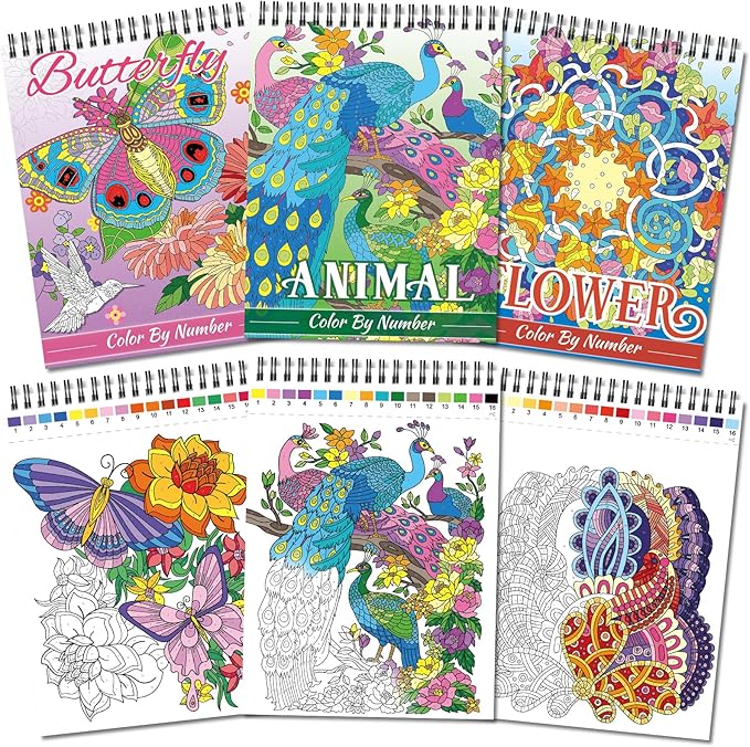 Kalysky Relaxation Adult Coloring Books - Color by Numbers,3 Coloring Books for Adult or Women,Theme - Flower,Butterfly,Animal
