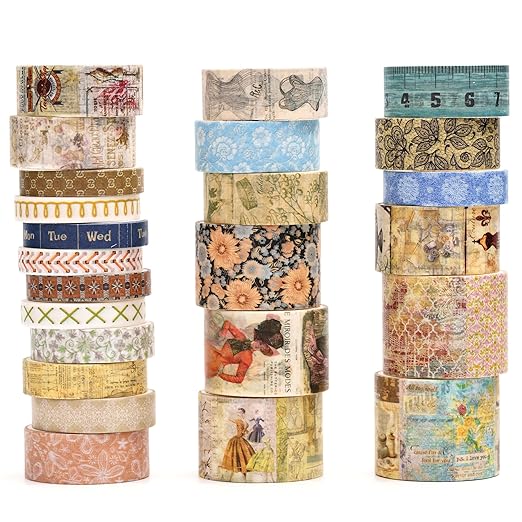 Vintage Washi Tape Set - 24 Rolls Arts Adhesive Tapes Assorted Retro Decorative Masking Tape Sets for Craft, Kids, Scrapbook, DIY, Gift Wrapping (7-Daily Vintage)