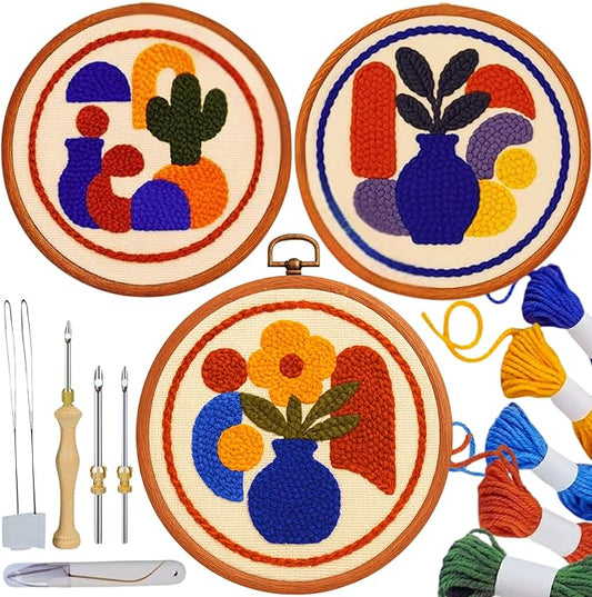 Zyrose Punch Needle Kit for Beginners – Modern Embroidery Kit with Printed Fabric, Non-Slip Hoop, Merino Yarn, 3 Needles – Boho Craft Kit for Adults & DIY Gifts (Boho Abstract)