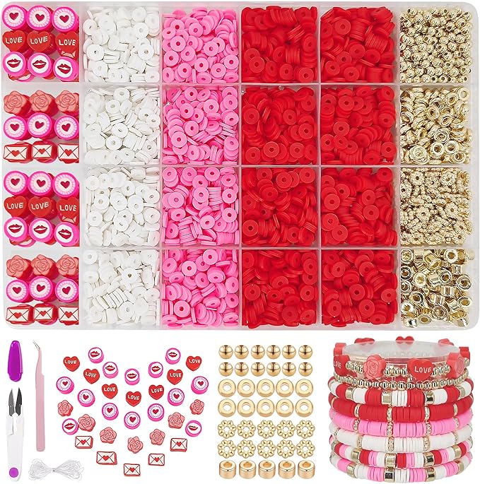 MIIIM Red Clay Bracelet Kit - Heishi Beads, Clay Charms, Gold Spacer Beads - Jewelry Making & Friendship Bracelet Kit for Valentine's Day, Crafts, Raves, Gifts