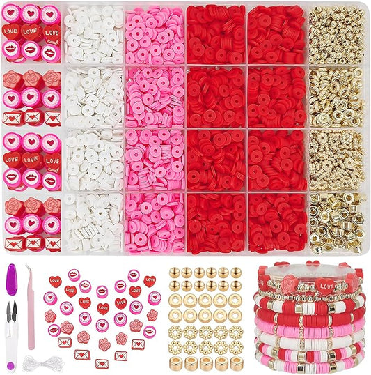 MIIIM Red Clay Bracelet Kit - Heishi Beads, Clay Charms, Gold Spacer Beads - Jewelry Making & Friendship Bracelet Kit for Valentine's Day, Crafts, Raves, Gifts
