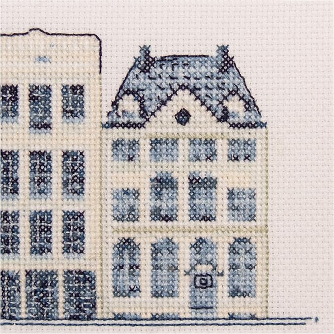 Thea Gouverneur - Counted Cross Stitch Kit - Delft Blue Houses - Aida - 18 Count - Embroidery Kit for Adults - DMC Embroidery Threads and Other Cross Stitch Supplies Included - 552A